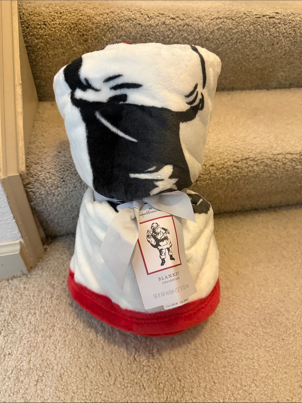 Hallmark Santa White Plush Blanket with Black Red Trim